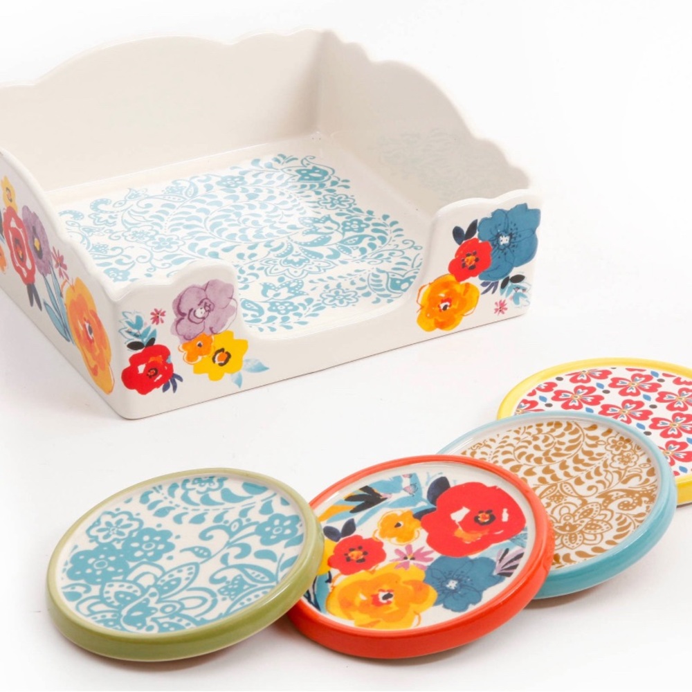 NIB Pioneer Woman Flea  Coaster Set And Napkin Box